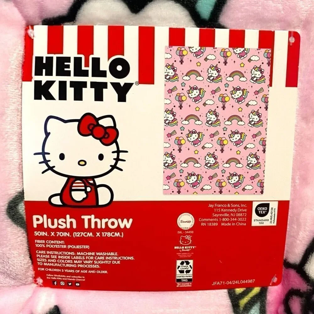 Hello Kitty Pink Unicorn Plush Throw Blanket 50”x70” Cloud Balloons Rainbows (a)